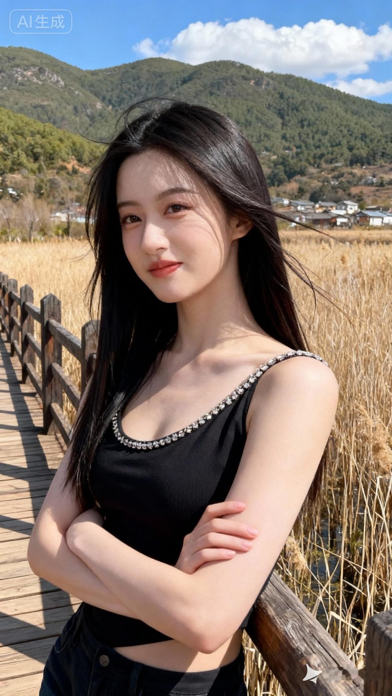 阳光下的甜美少女，黑发飘飘，笑容迷人，背景是青山绿水，美不胜收！🌞💖🌿