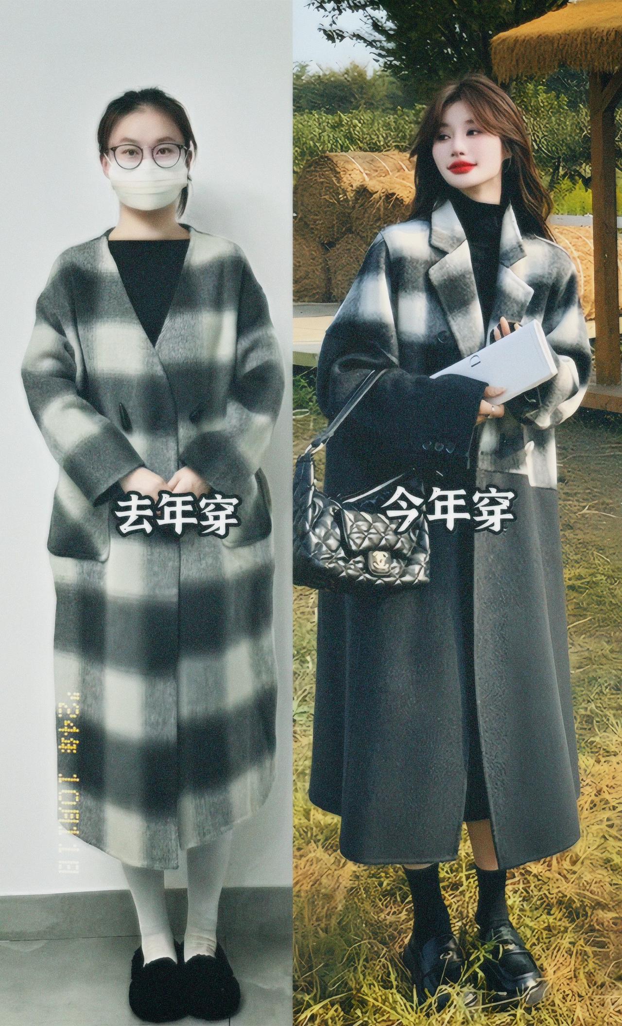 黑色格子拼接毛呢外套也太美了！姐妹们，都去穿这一件2024新款韩系设计感气质长款