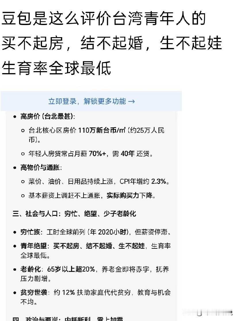 台湾青年买不起房，结不起婚，生不起娃，生育率极低
这是豆包给出的结果
看来，豆包