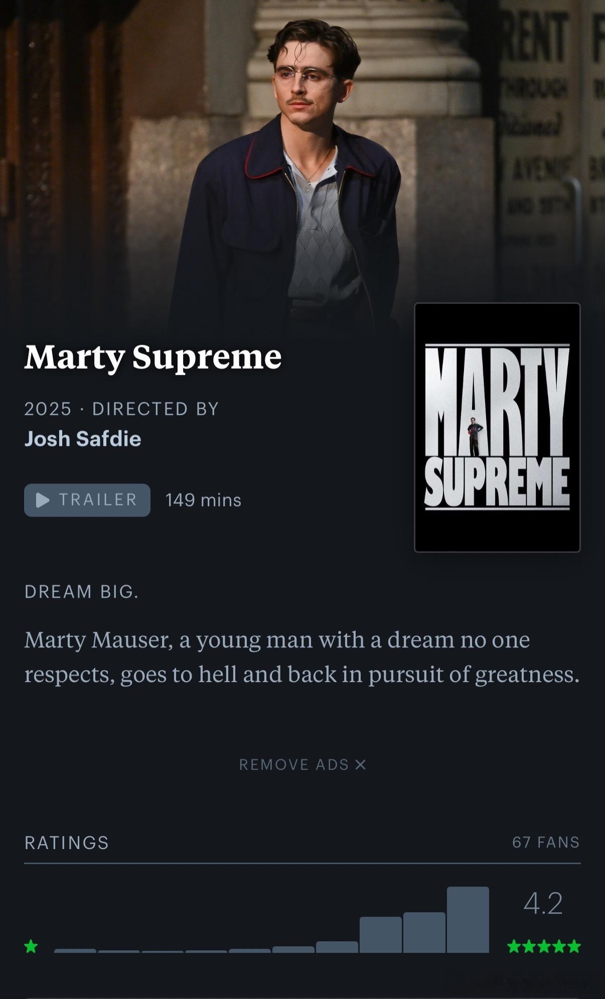 甜茶的《至尊马蒂》letterboxd评分4.2/5，不愧是颁奖季大热门，好高的