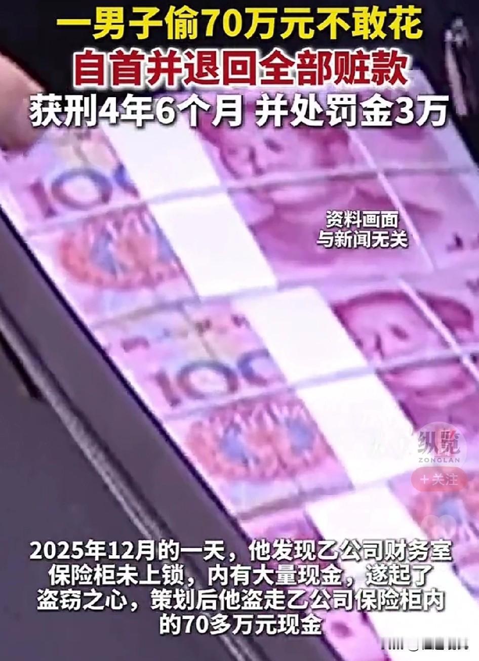 偷了70万不敢花，最终被判了4年半，这种人就是活该坐牢！现在到处都有监控，看见人
