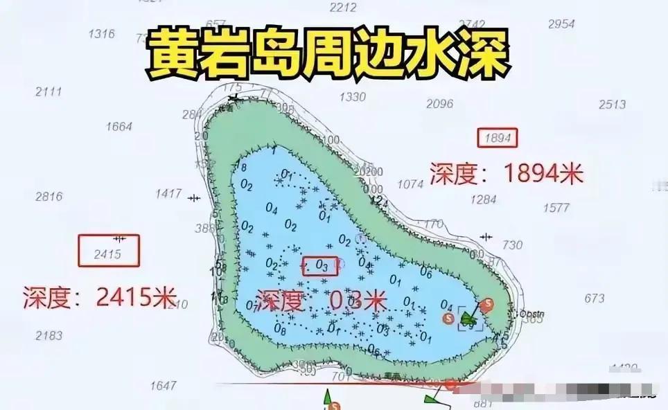 我们来看这个示意图，了解一下黄岩岛周边水域的深度。黄岩岛右边的水深达一千八百多米
