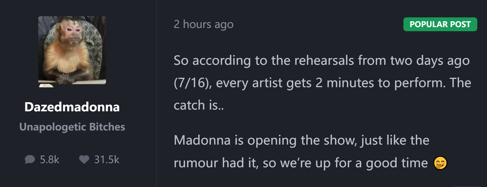 【传闻】Dazedmadonna爆料世界杯决赛中场秀11分钟的表演大秀，每位/组