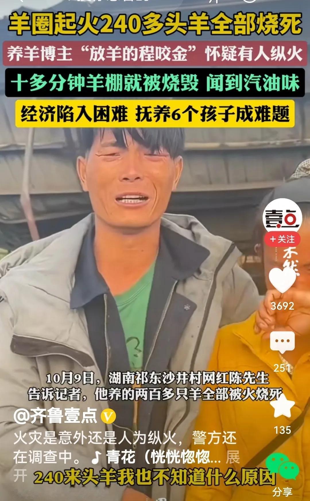 #240头羊被烧死 博主怀疑有人纵火#
天有不测风云，人有旦夕祸福。看过报道心里