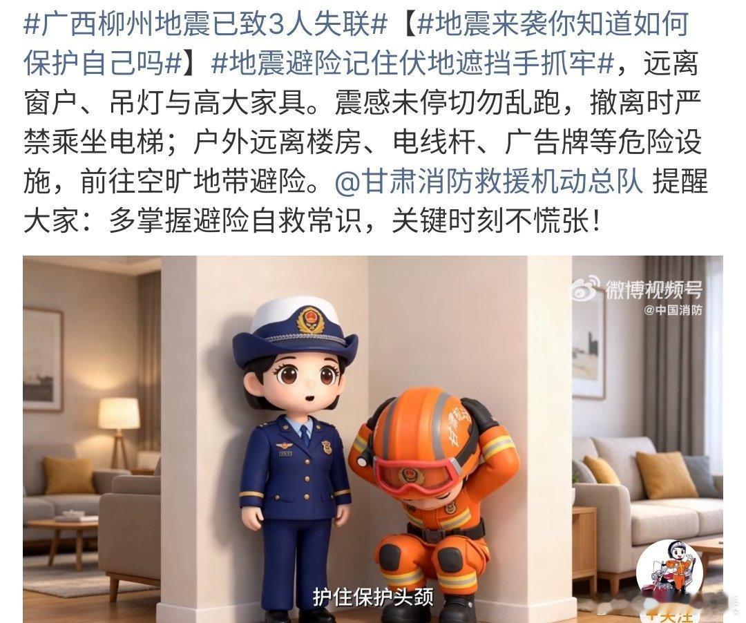 地震避险记住伏地遮挡手抓牢地震来了，要学会紧急避险，记住伏地遮挡手抓牢，如果离空
