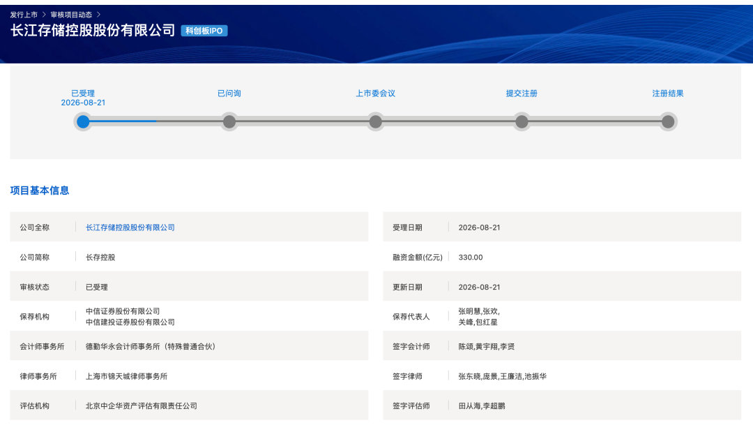 【长江存储IPO审核已受理】上交所网站显示，长江存储控股股份有限公司首次公开发行