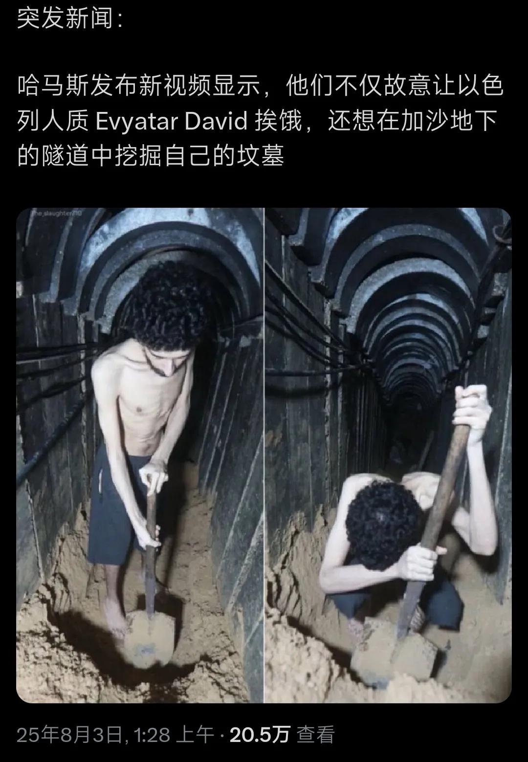 哈马斯又发了一段宣传片，显示让瘦骨嶙峋的以色列人质挖自己的坟墓！视频中的人质一边