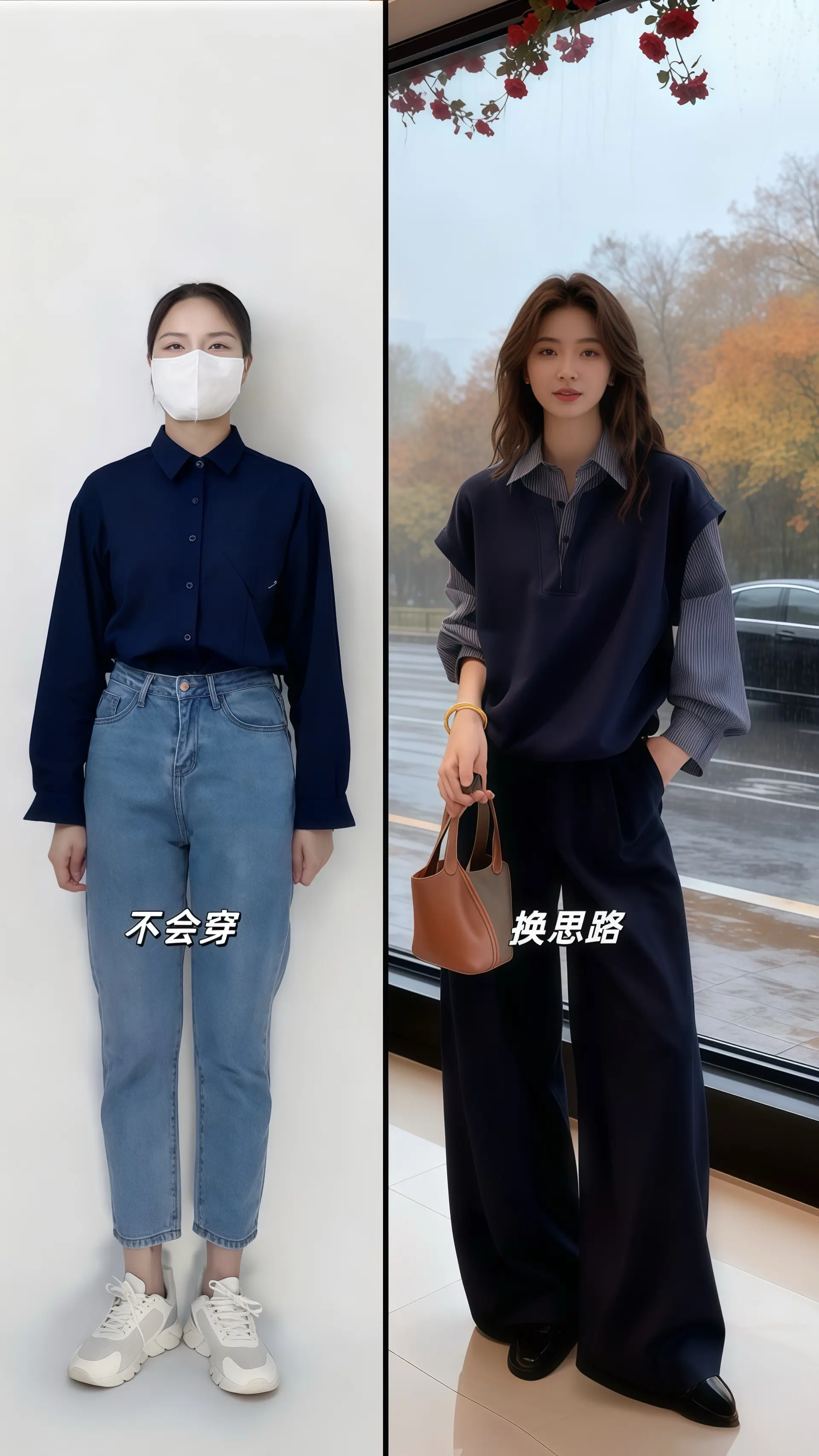 她穿着一件气质拼接格子衬衫，藏蓝色基底与清晰格纹碰撞出高级质感，精心保...