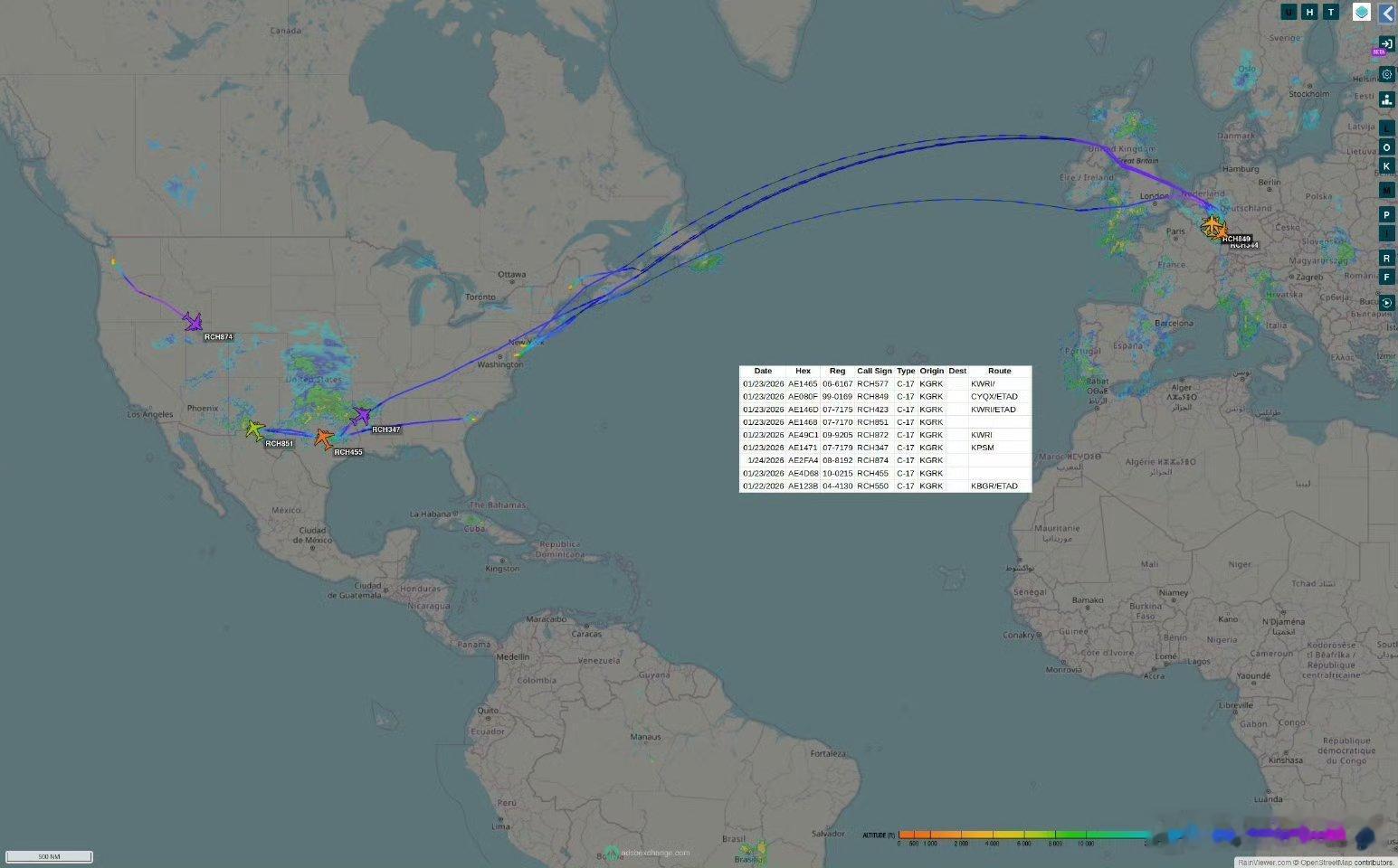 对伊朗动武几乎是板上钉钉的事了过去一天，美国有8架C17运输机从欧洲起飞抵达美国