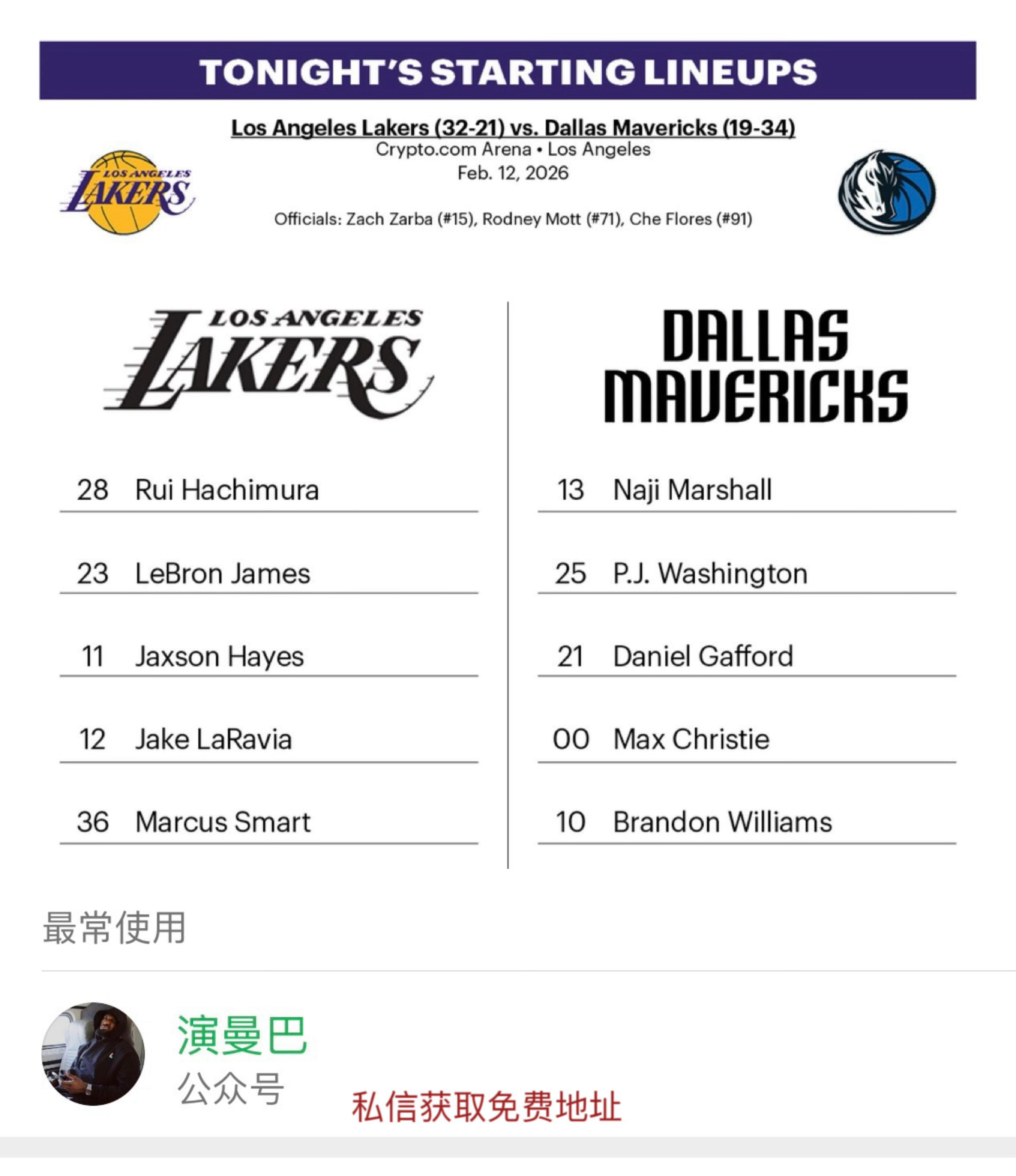 湖人首发：詹姆斯、斯玛特、拉拉维亚、八村塁、海斯独行侠首发：威廉姆斯、小克、马绍