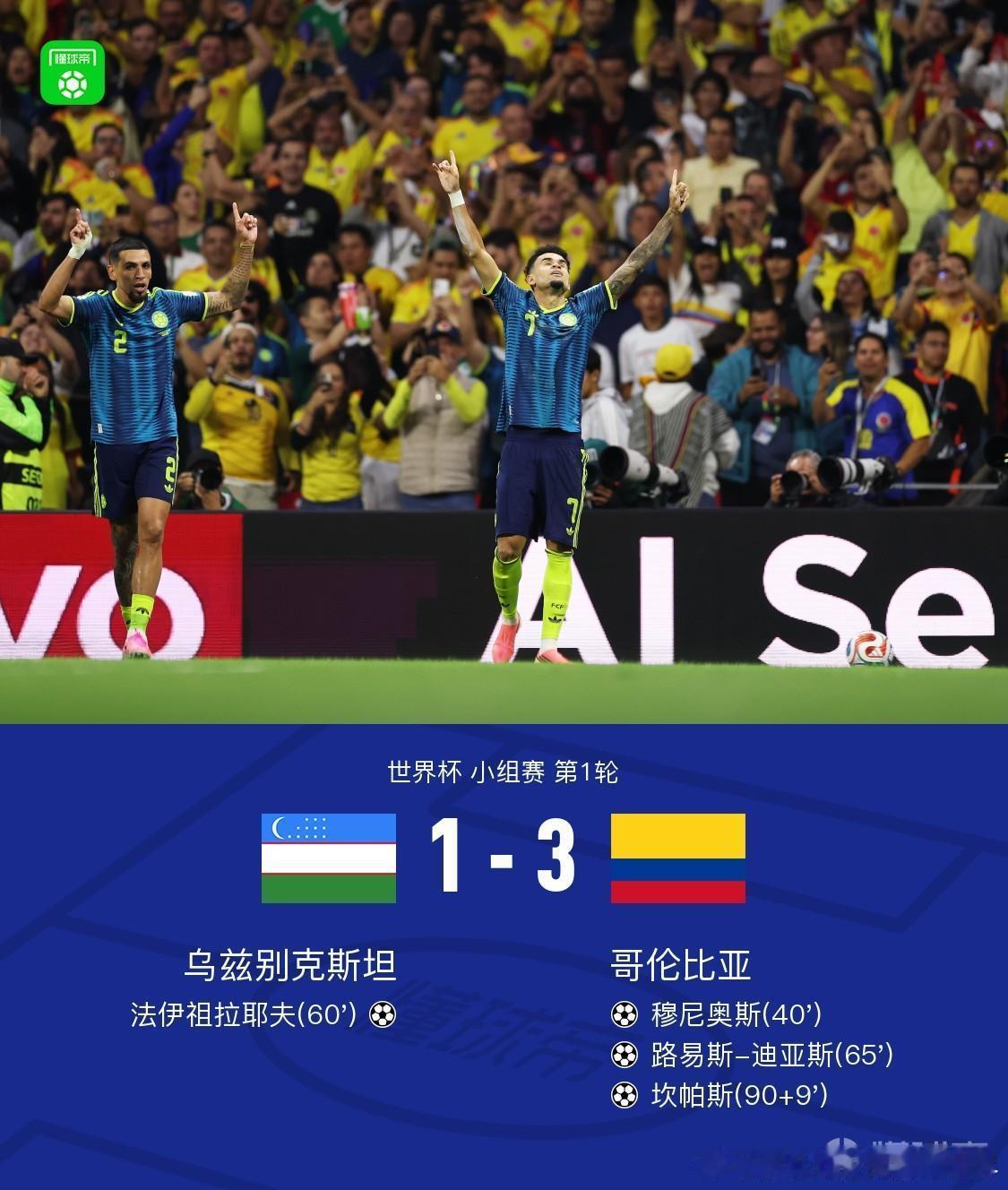 乌兹别克斯坦1比3哥伦比亚北京时间6月18日世界杯小组赛第1轮，乌兹别克斯坦对阵