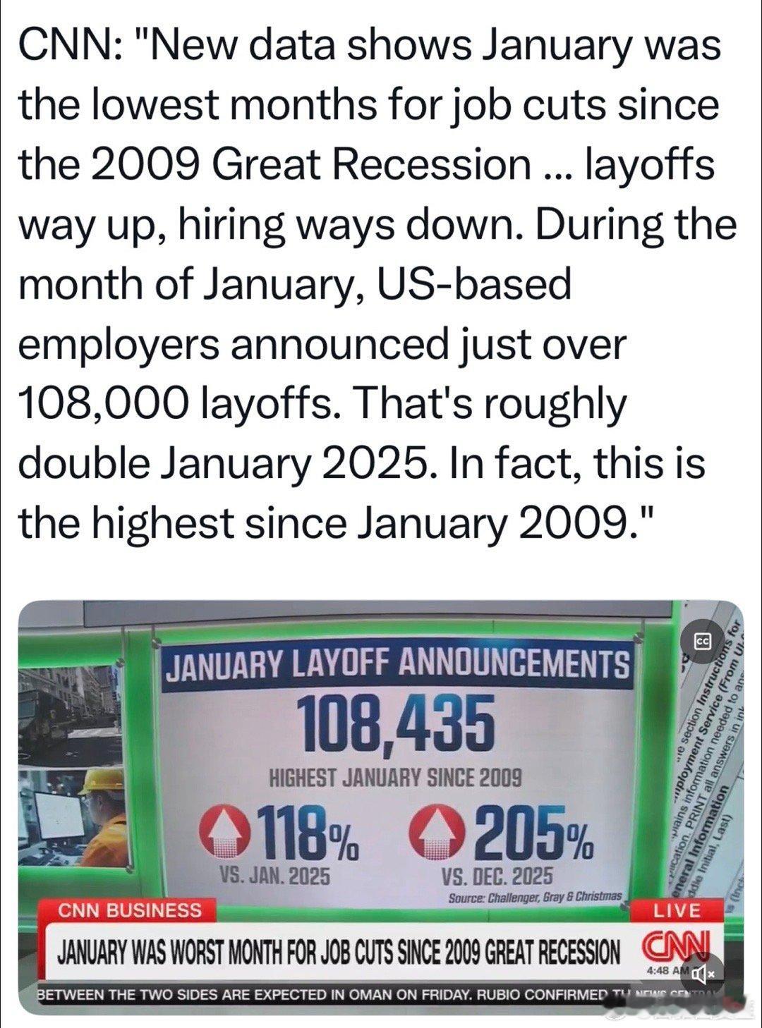 美国雇主，一月宣布裁员近十一万，比去年一月翻倍，是2009年一月以来最多主要是U