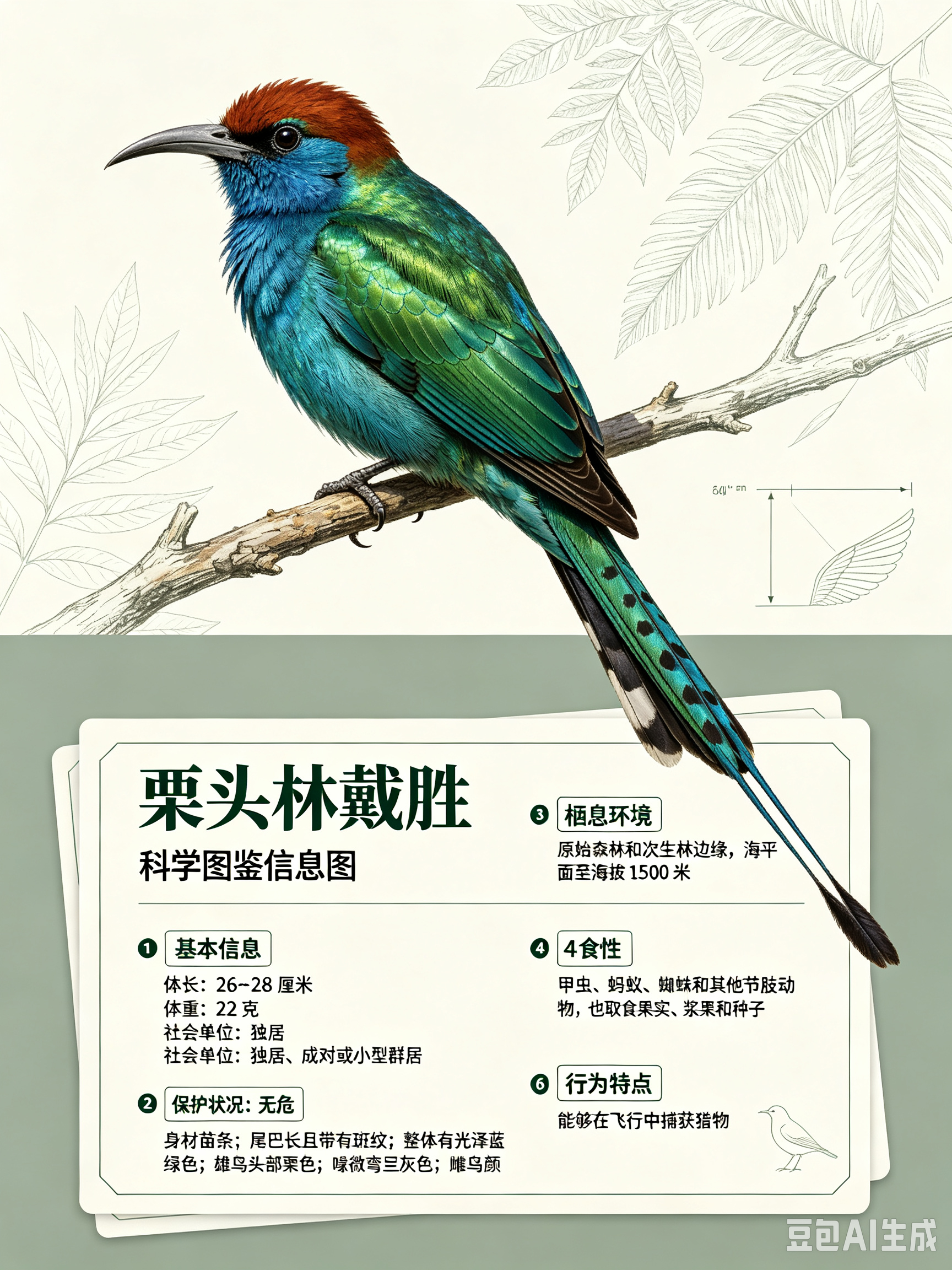 鸟类朋友图鉴 栗头林戴胜体长：26~28 厘米体重：22 克社会单位：独居、成对