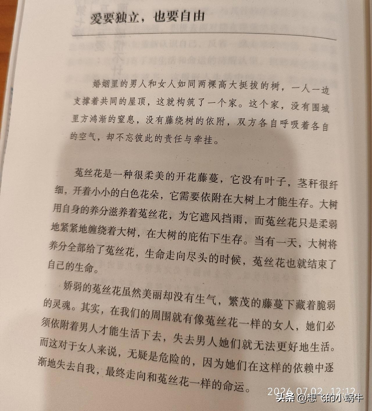 爱需要时间，更需要空间！
婚姻里，很多女人活成了菟丝花，变成了疑神疑鬼的深井冰，