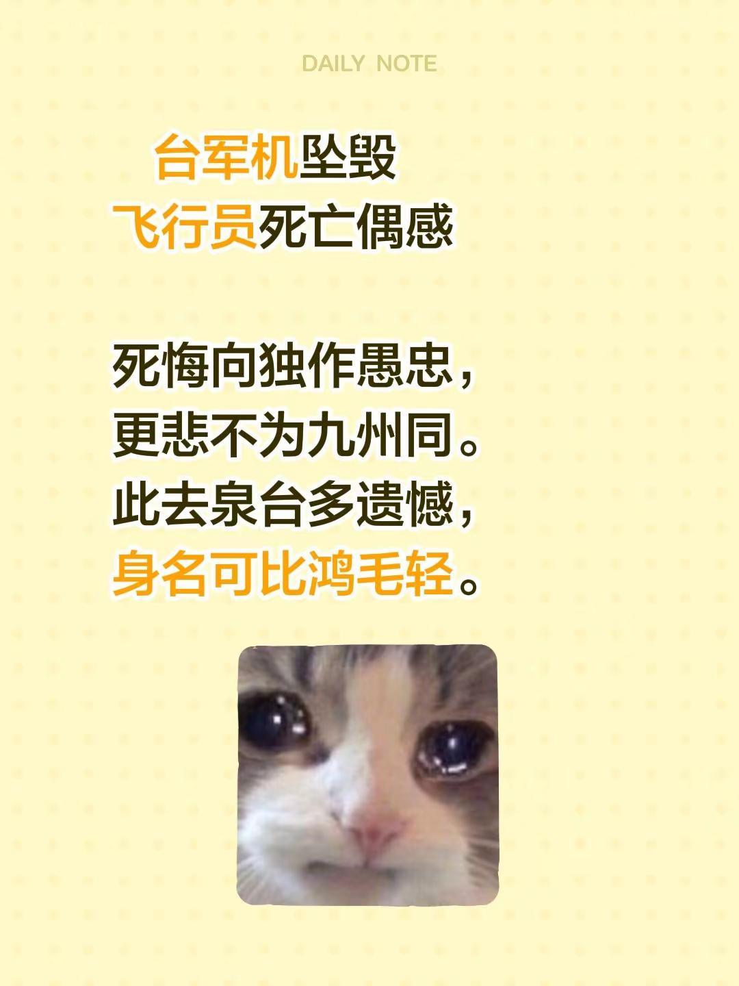 台军机坠毁飞行员死亡偶感死悔向独作愚忠，更悲不为九州同。此去泉台多遗憾，身名可比