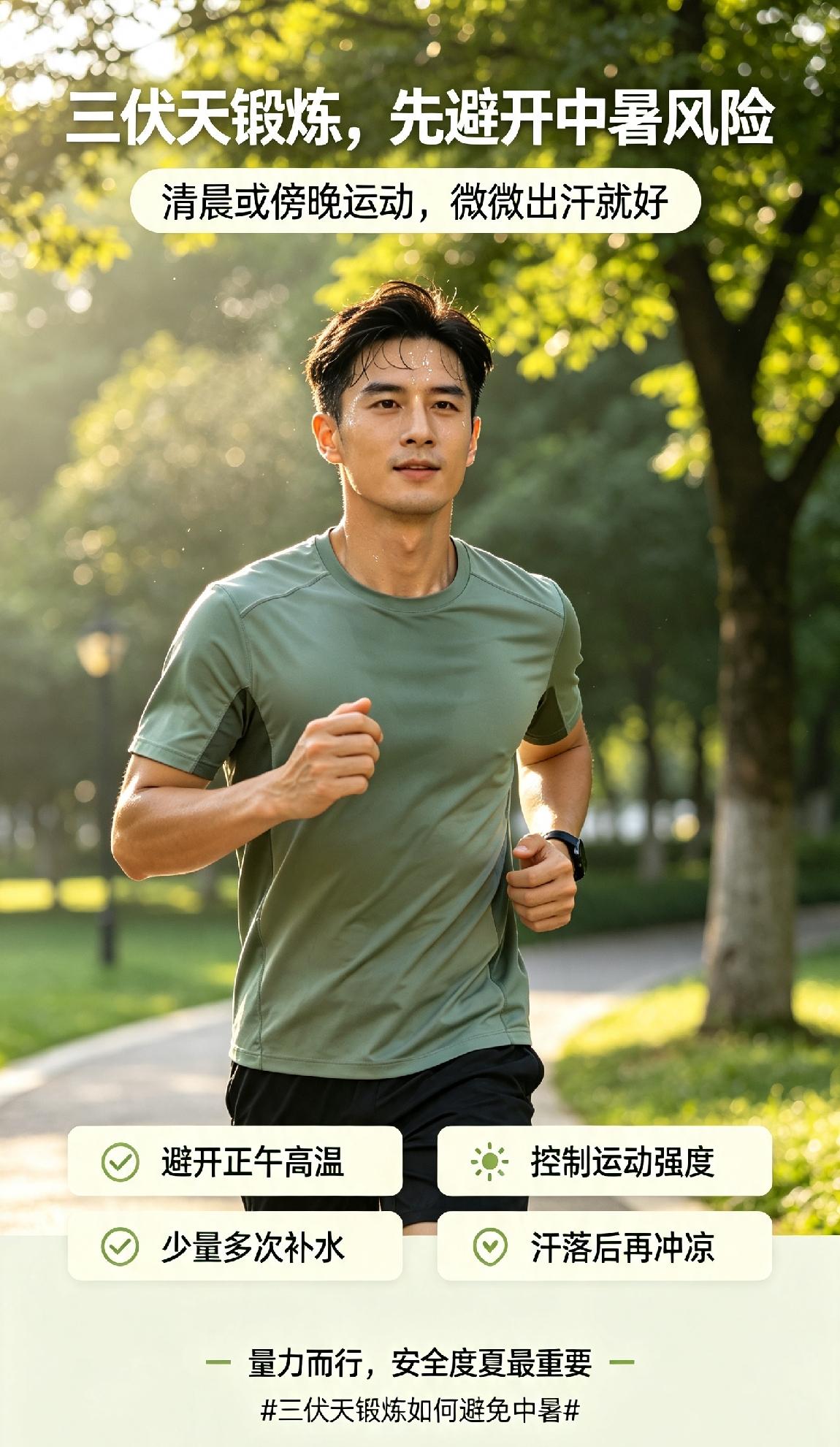 三伏天锻炼想避免中暑，记住几个关键点。避开正午高温时段，选清晨或傍晚运动；控制强