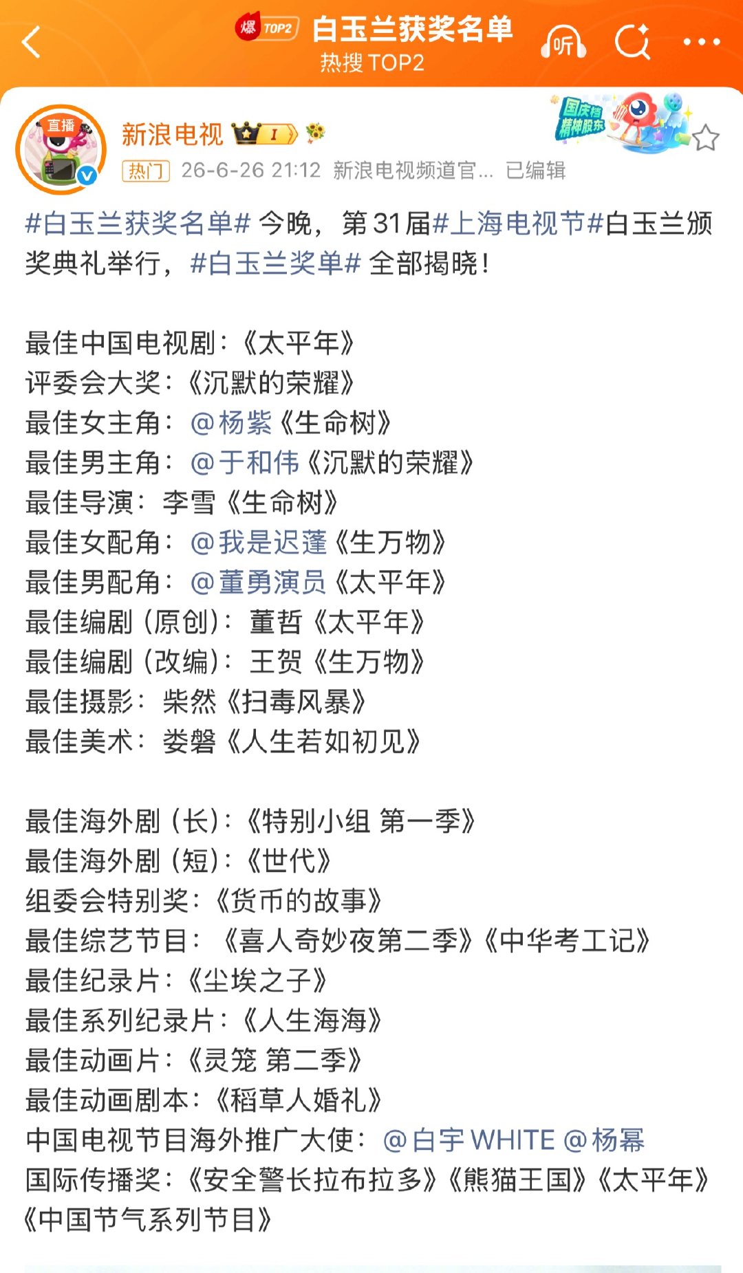 白玉兰获奖名单看了一眼名单，很多剧我都在🥝追过，今年的白玉兰爱奇艺赢麻了，老板