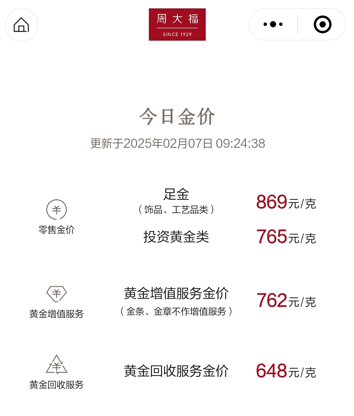 金饰价格每克超870元  周大福869了，去年这个时候金价还510，一年涨了35