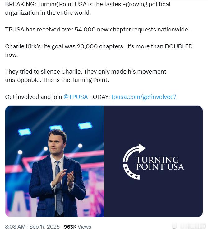 “美国转折点”（TPUSA）是全世界发展最快的政冶组织。TPUSA 在全美收到了