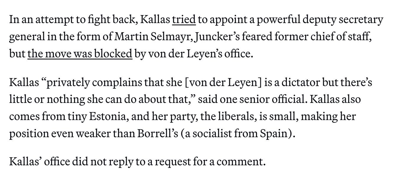 🔻欧盟外交负责人卡娅·卡拉斯私下称冯德莱恩为“独裁者”。🔻来源：politi