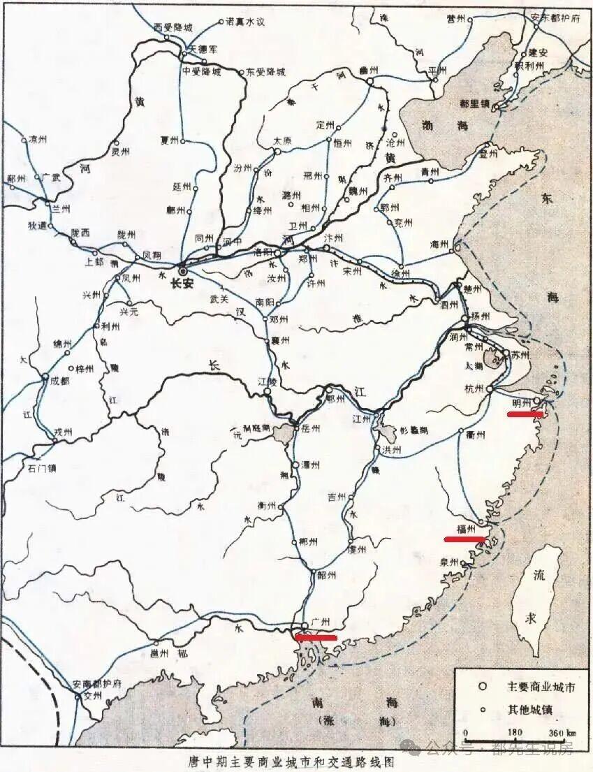 在《中国大百科全书》上有一张《唐中期主要商业城市和交通路线图》（图1），从图中能