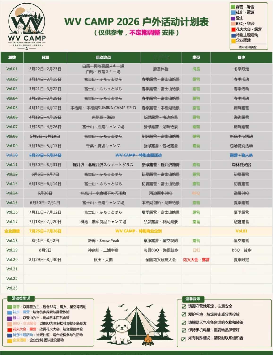 🏕️ WV CAMP 2026 全年活动计划公布啦！
很多朋友都会提前安排休假