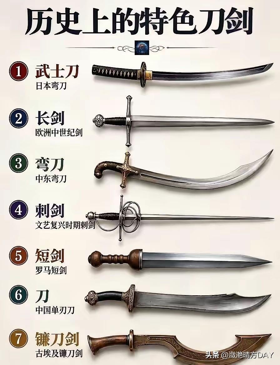 历史上的特色刀剑：
1、日本武士刀；
2、欧洲中世纪长剑；
3、中东弯刀；
4、