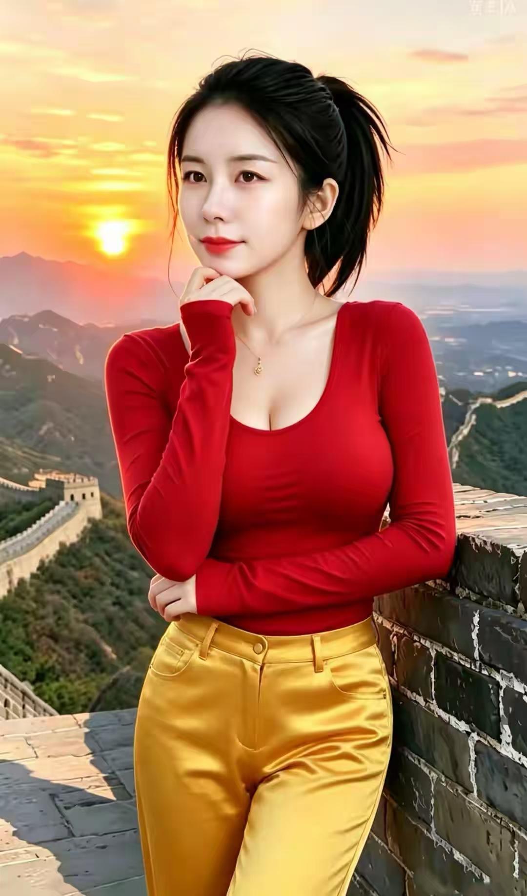 水仙子·红衫倩影立长城
熔金晚照染荒丘，
古堞如龙接远洲，
红衫倩影凭栏久。
青