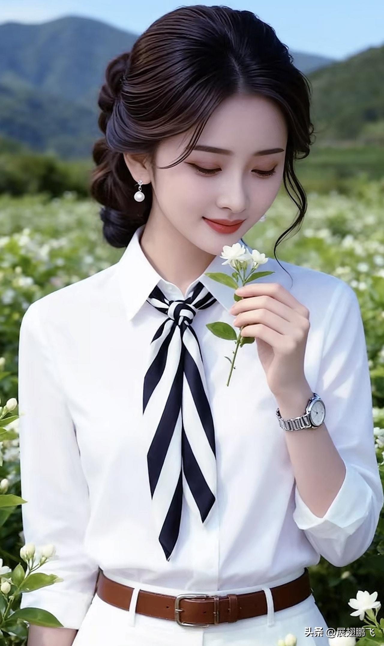 清新校园风，白衬衫黑领带，手捧小花，少女心满满！温柔风白衬衫 甜美学院风衬衫 靓