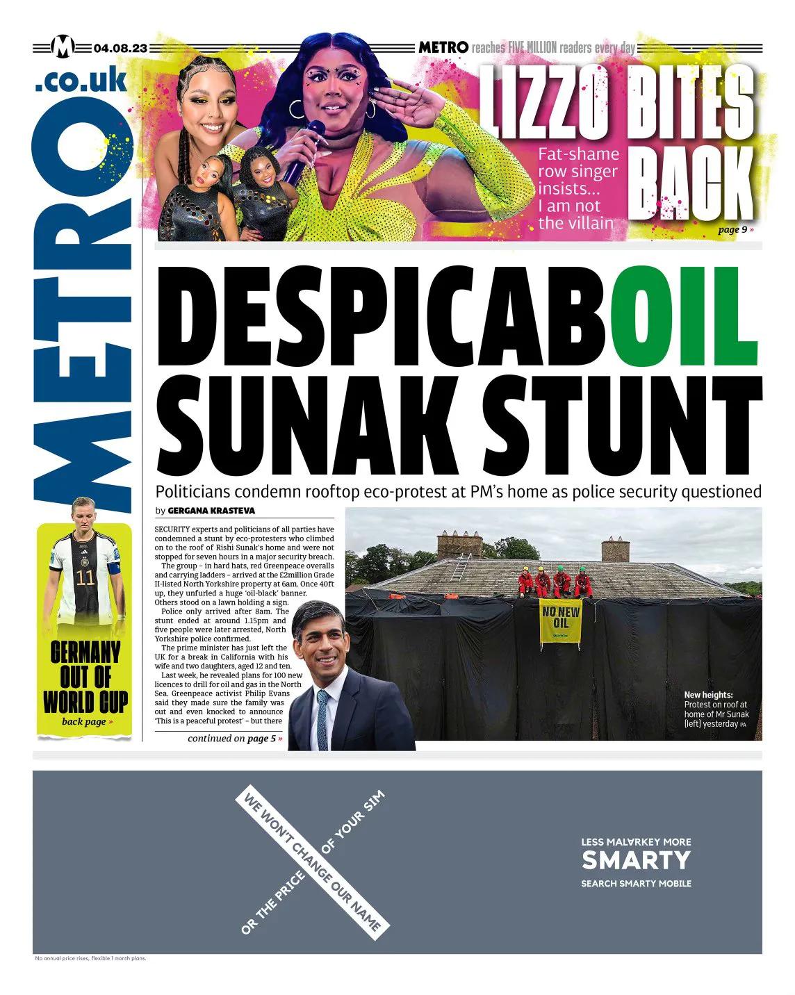  英环保抗议者大闹首相大屋

《都市报》在头版刊登照片报道，环保组织-绿色和平（