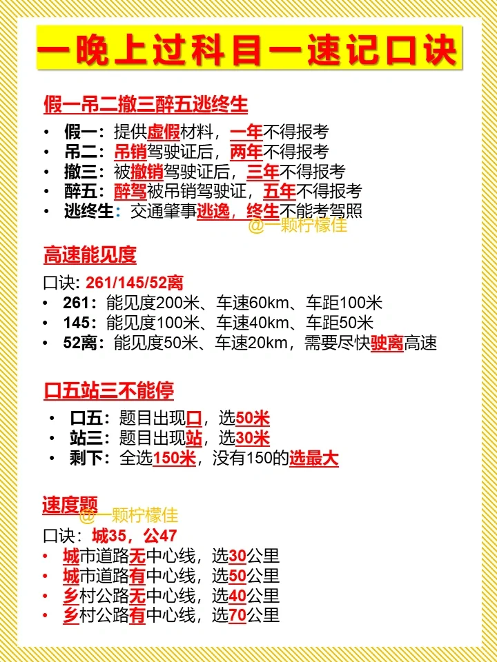 科目一懒人速记口诀❗99分一把过也太牛了❗