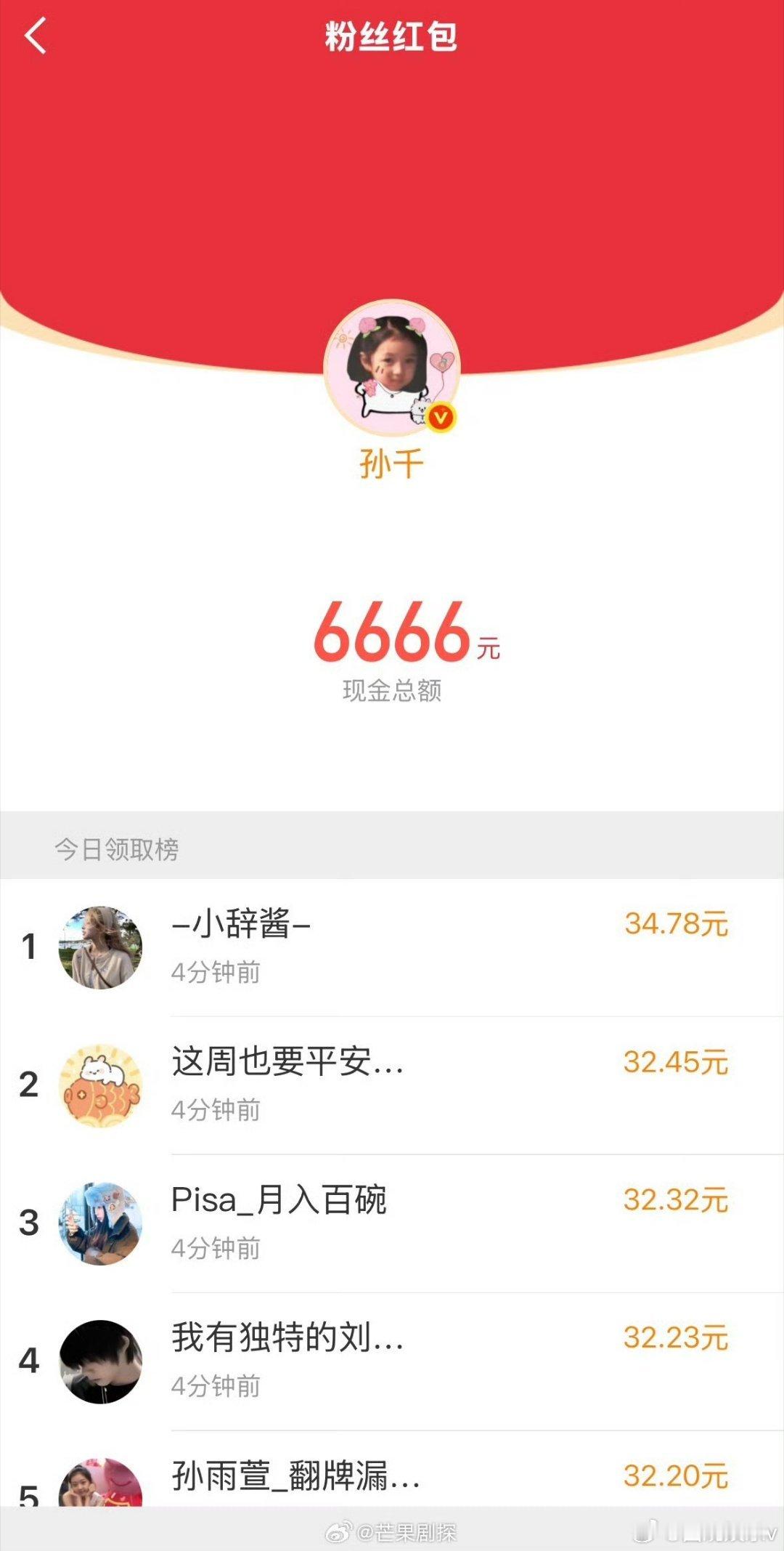 孙千张婧仪中秋红包都发了6666孙千张婧仪发6666元中秋红包 6666红包寓意
