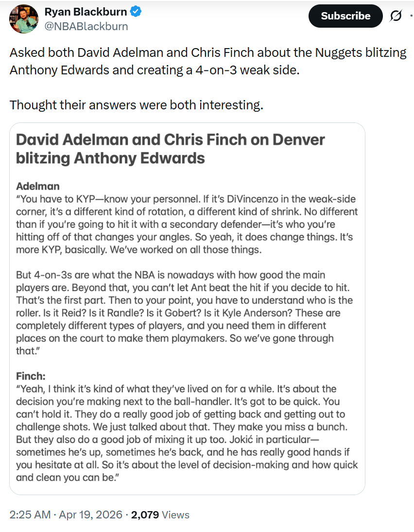 跟队记者Ryan：我分别向大卫·阿德尔曼和克里斯·芬奇提问，关于掘金队对安东尼·