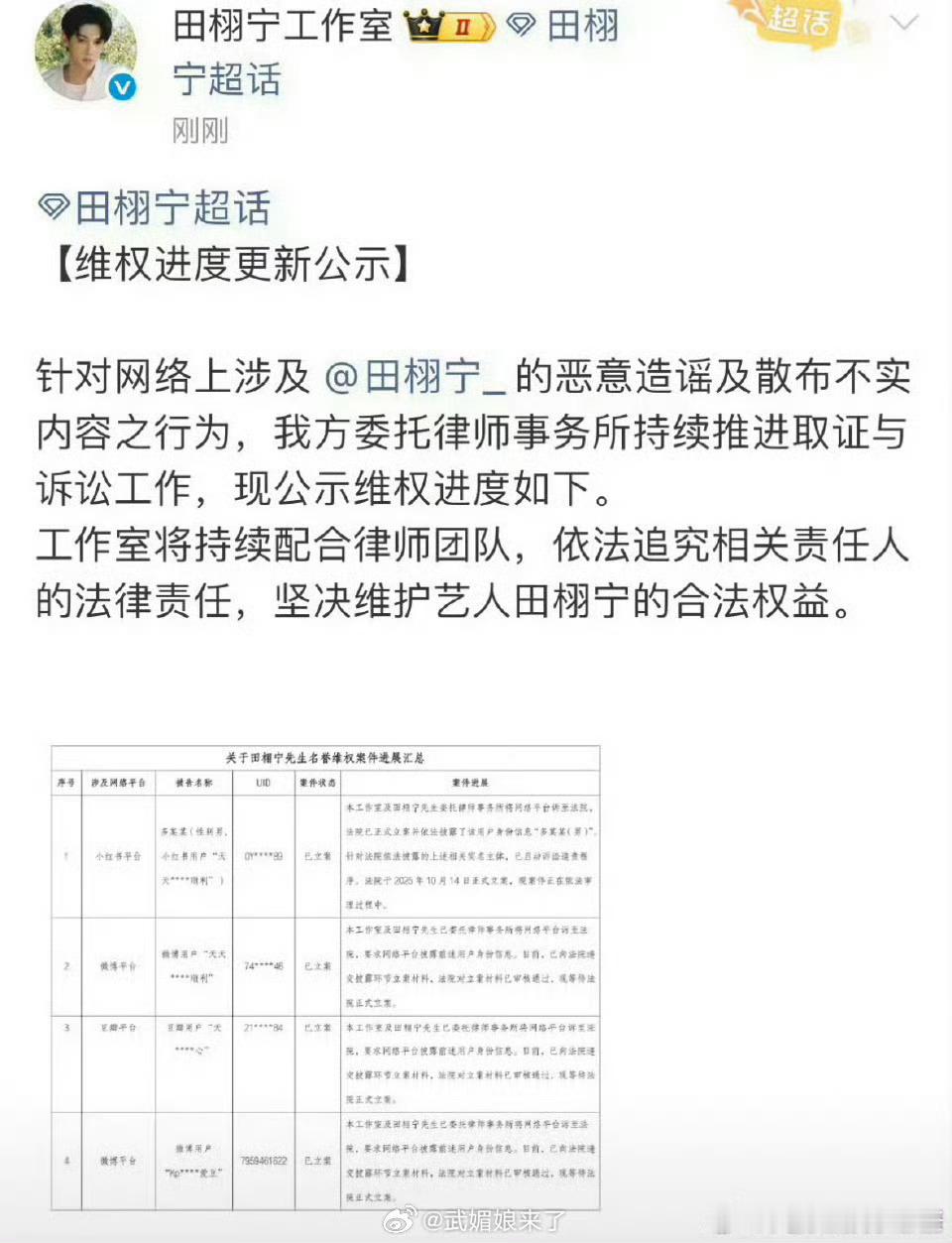 田栩宁工作室公布维权进度，其实就是给粉丝交代 ​​​