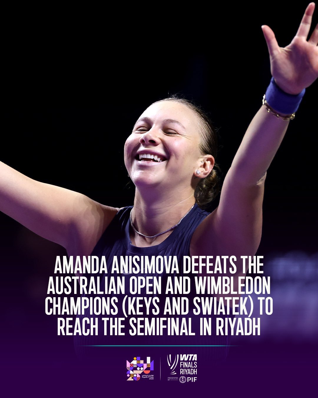 阿尼西莫娃6-7、6-4、6-2逆转斯瓦泰克，以小组第二身份跻身总决赛四强，这是