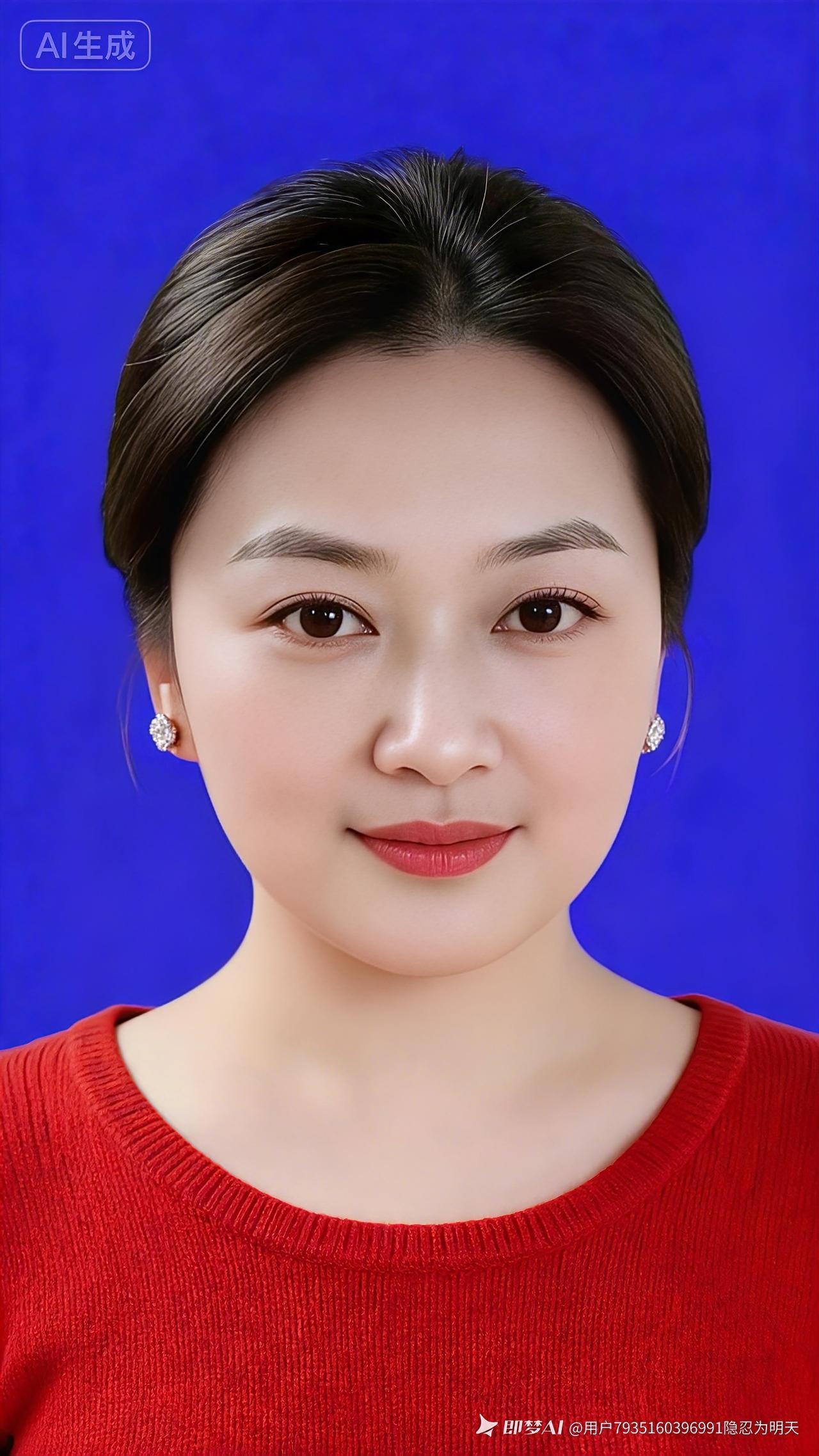 红衫雅韵
蓝底衬出俏容妆，
云鬓高盘气度扬。
熠熠耳珠添雅致，
双眸澄澈漾柔光。