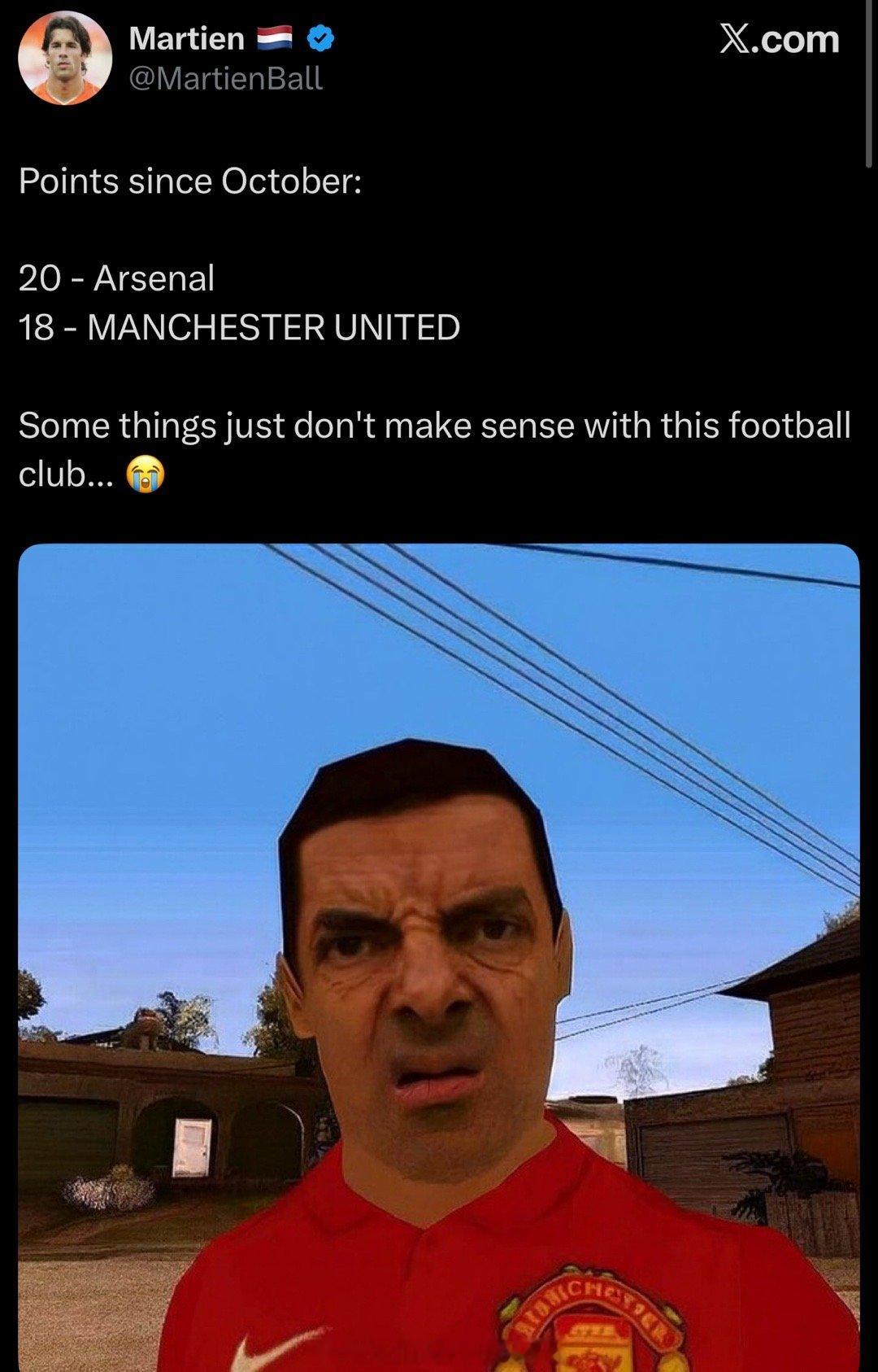 10月份至今，阿森纳拿分20，曼联拿到18分对此，我脱口而出_______ 