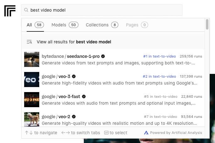 Replicate 在搜索结果中添加了人工智能分析图像竞技场和视频竞技场排名！