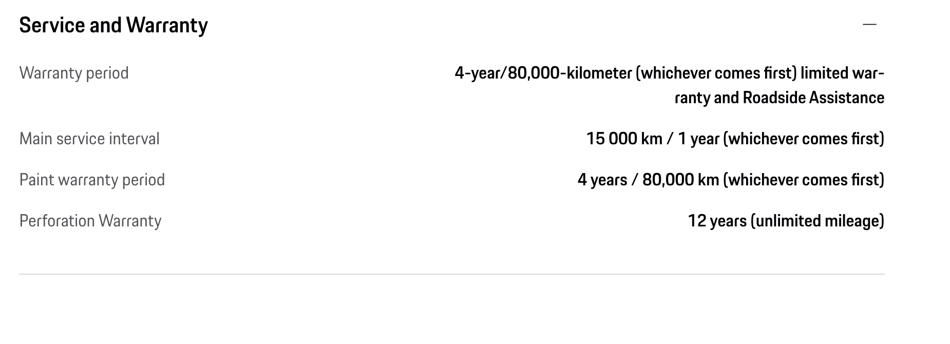 海外的一些车，保修条件还挺好的比如这个保时捷4年8万公里保修还有一个穿孔保修，应