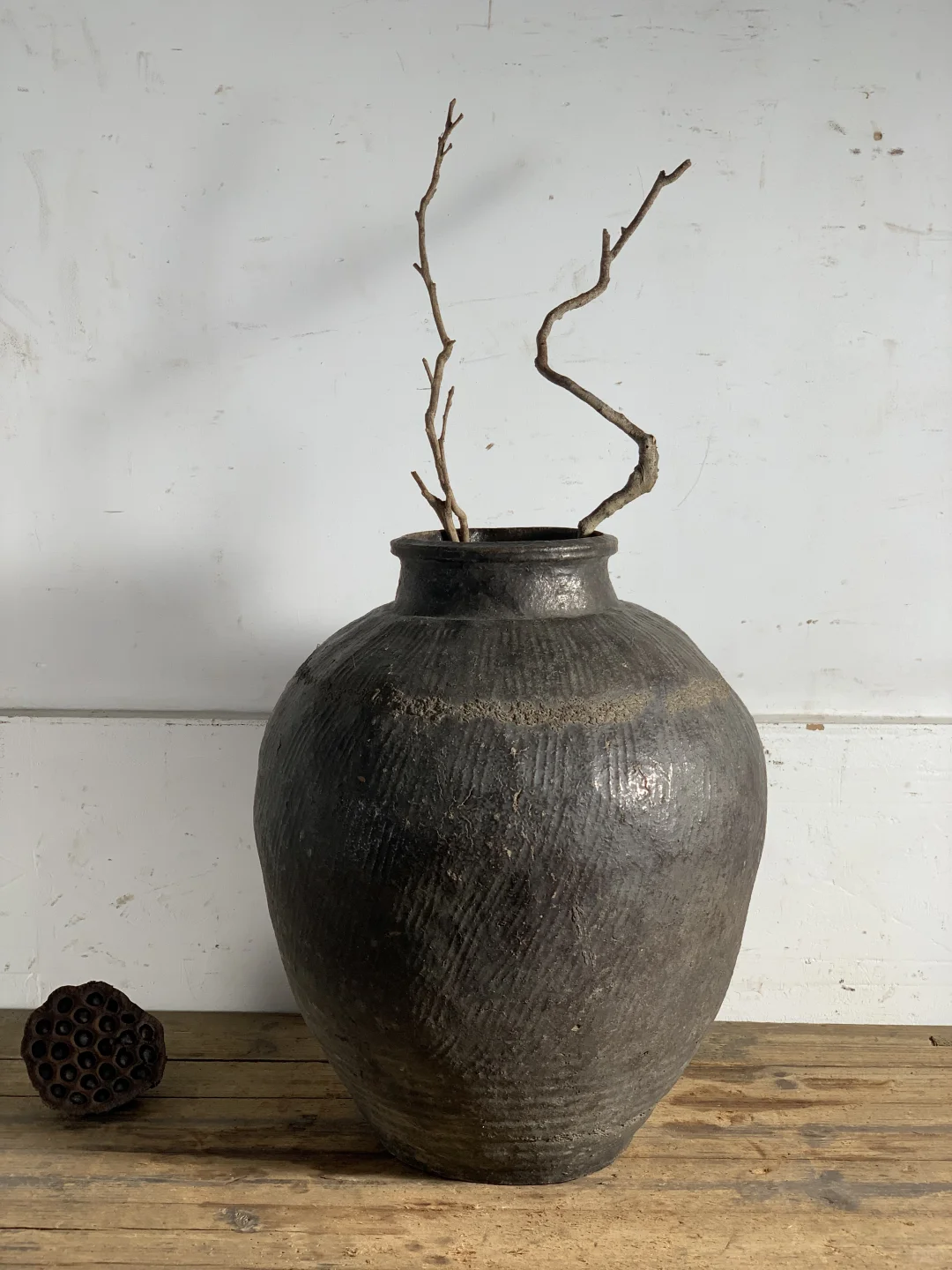 螺纹老陶罐、包浆佳，插花花器；民宿侘寂摆件