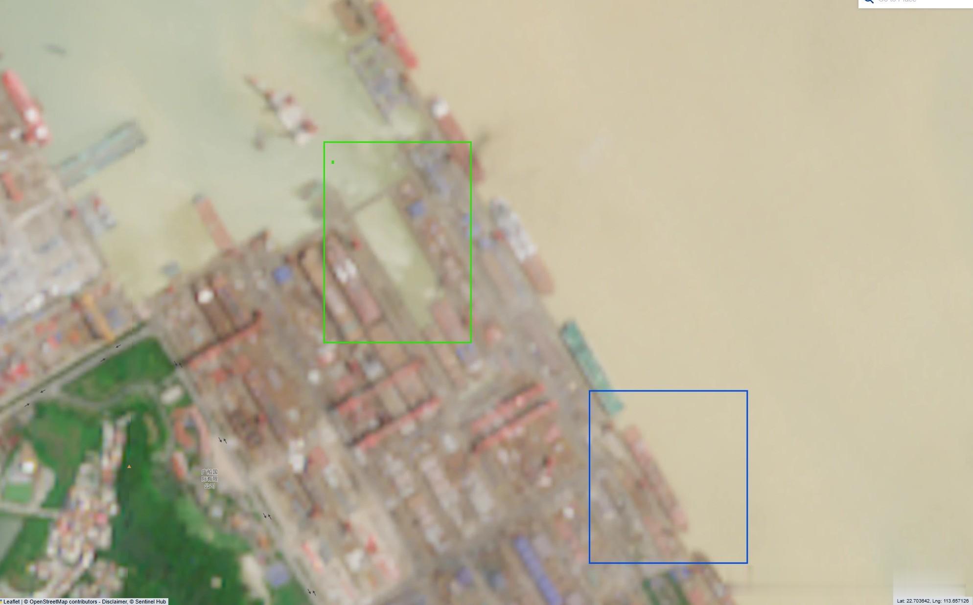 在广州建造的新型大型舰队补给舰已经下水。图中：绿色区域：已注水的船坞；蓝色区域：
