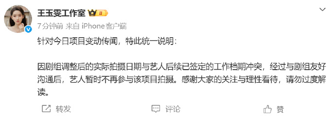 王玉雯因档期冲突不出演扫黑铁证
