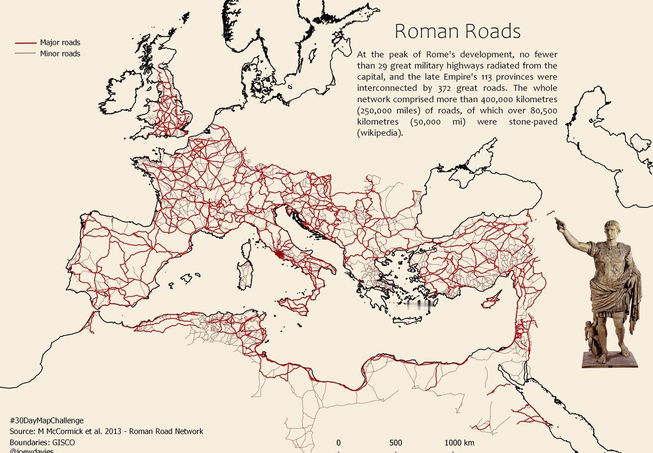 罗马帝国主要和次要道路的地图。