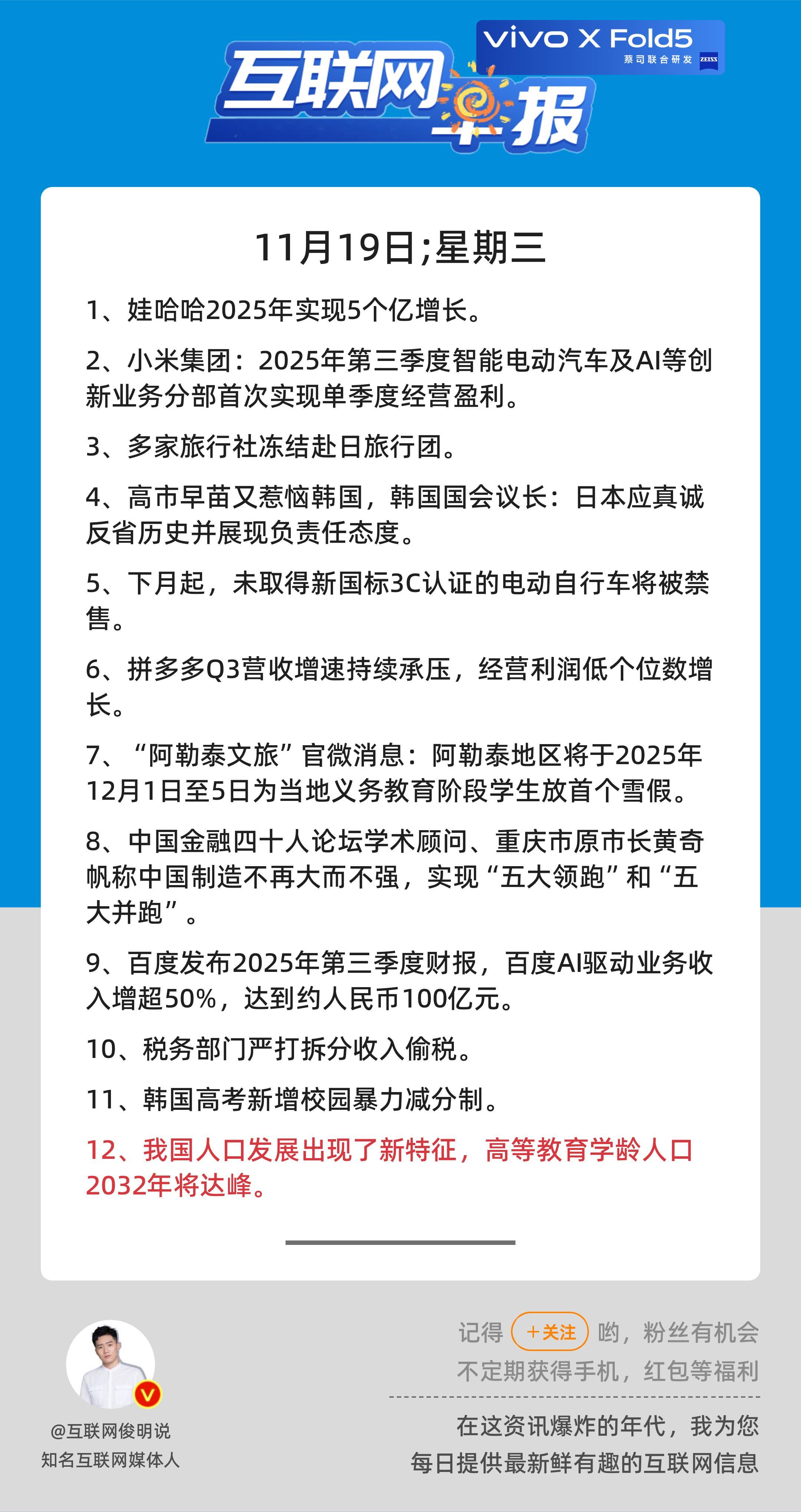 11月19日，星期三，《第2962期》；关心第12条：我国人口发展出现了新特征，
