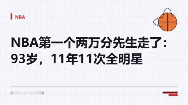 NBA第一个两万分先生走了：93岁，11年11次全明星