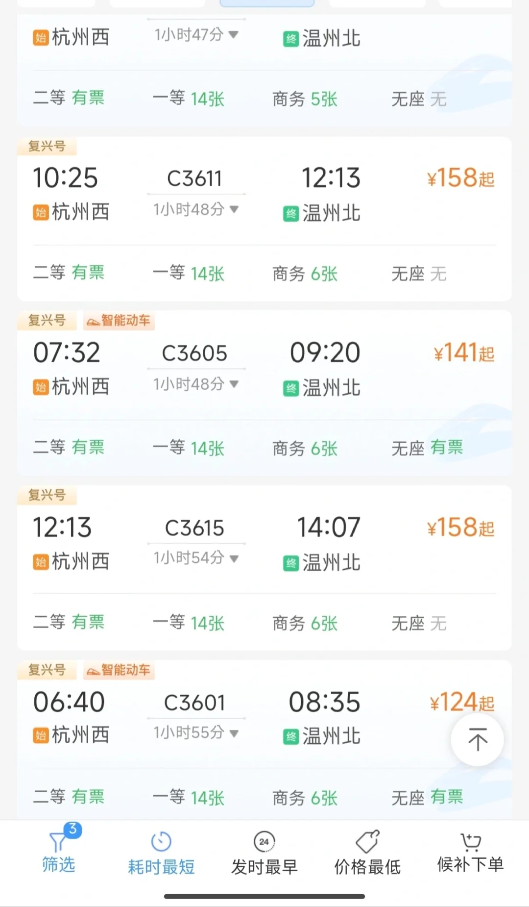 杭州西至温州北110min左右，温州南120min