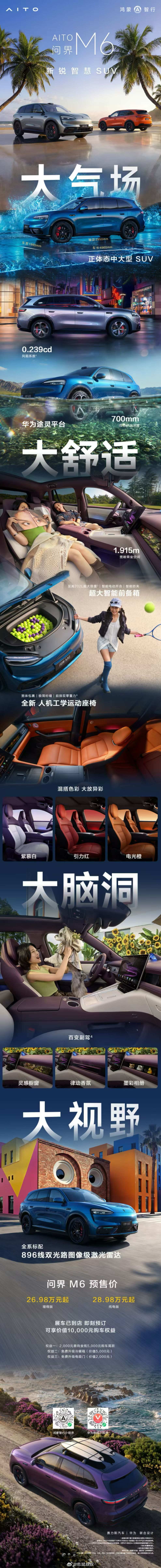 问界M6预售价增程：26.98万起纯电：28.98万起这台车绝对是今年的爆款。有