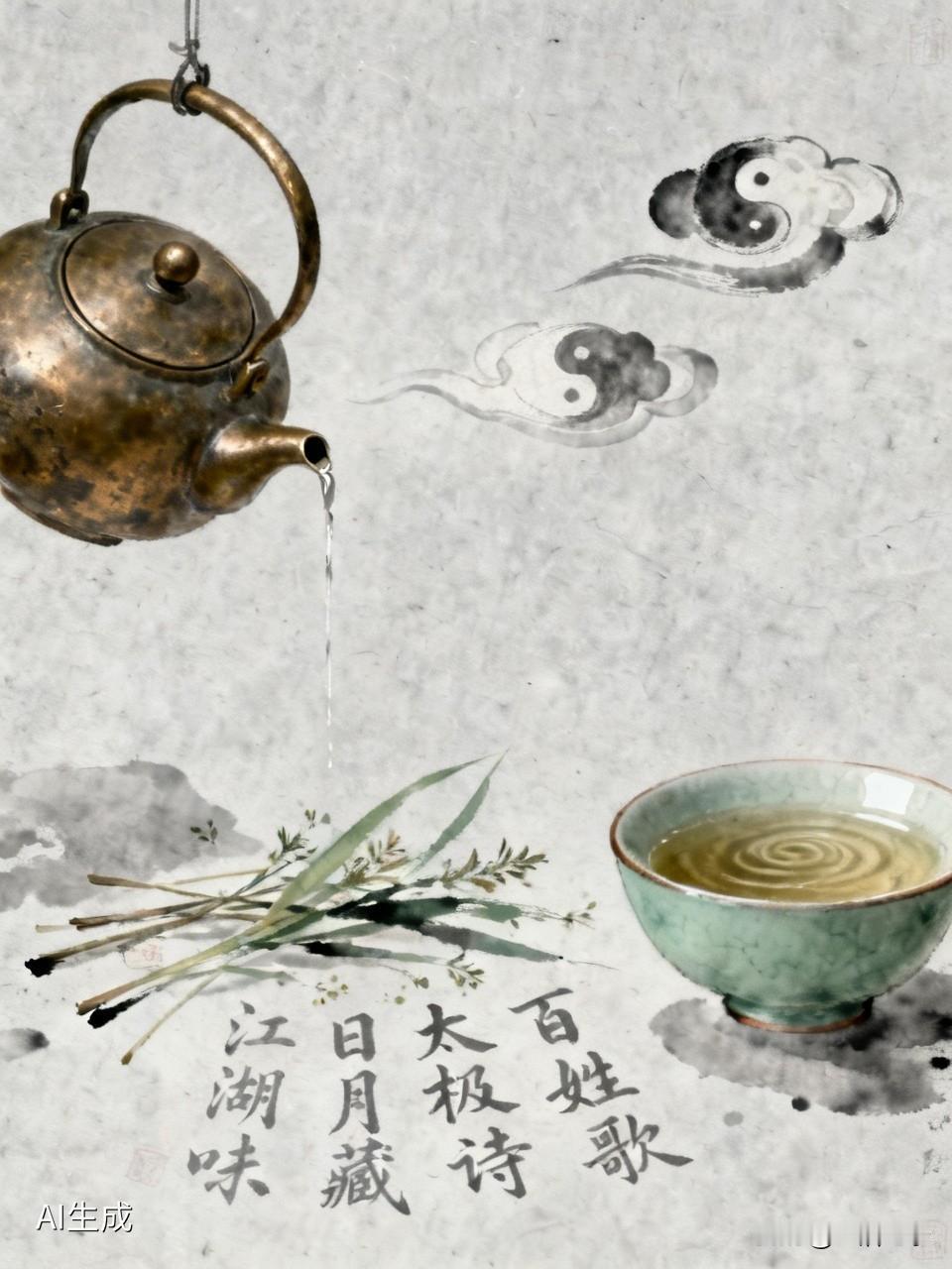 “一壶老酒江湖味，半盏新茶日月藏。两袖清风太极诗，千年草本百姓歌”，这几句诗简直