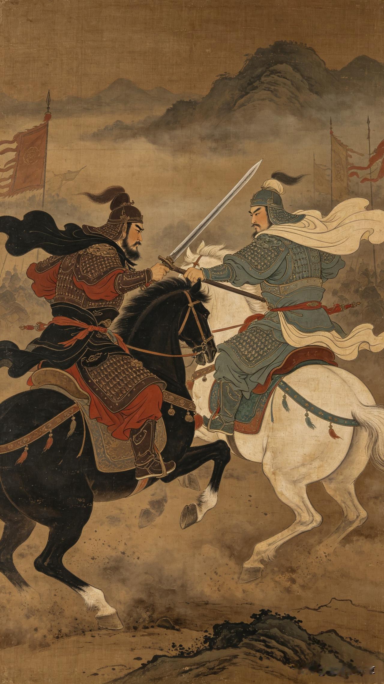 鹧鸪天·沙场争锋

铁马金戈卷战尘，
双雄对峙气如神。
青袍白马挥霜刃，
黑甲乌