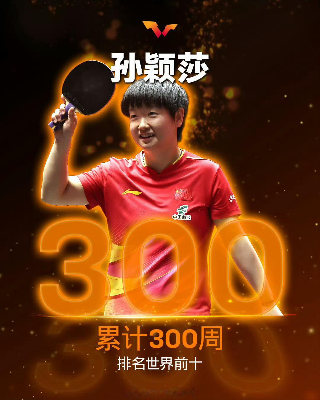 孙颖莎又解锁一项新成就恭喜孙颖莎达成3️⃣0️⃣0️⃣周世界排名前十🎉 
